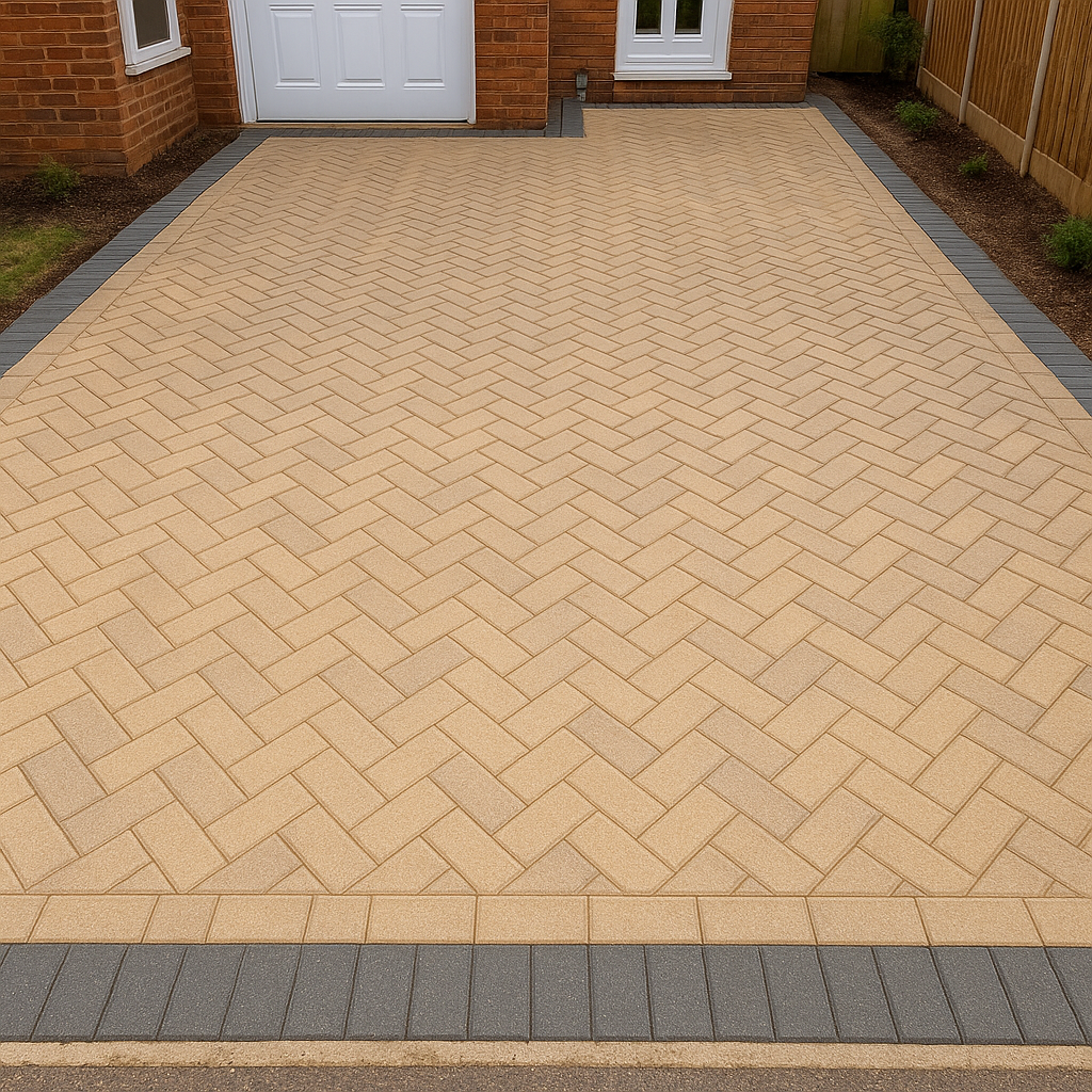 New block paving driveway with charcoal border at a Sussex home