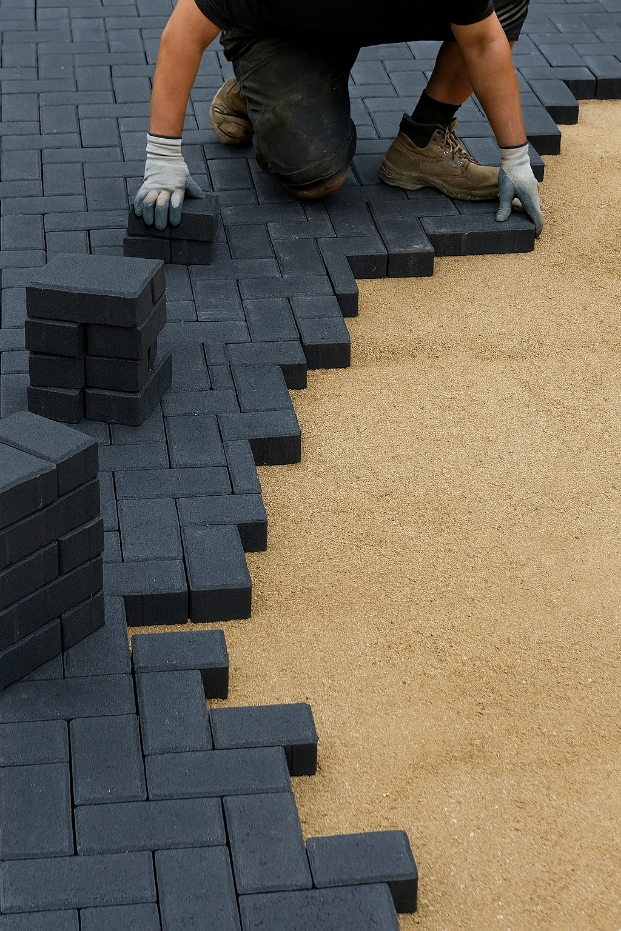 Block paving driveway being laid in a herringbone pattern with contrasting border