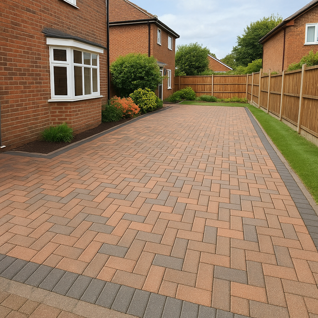 Block paving driveway in brindle and charcoal outside a suburban property