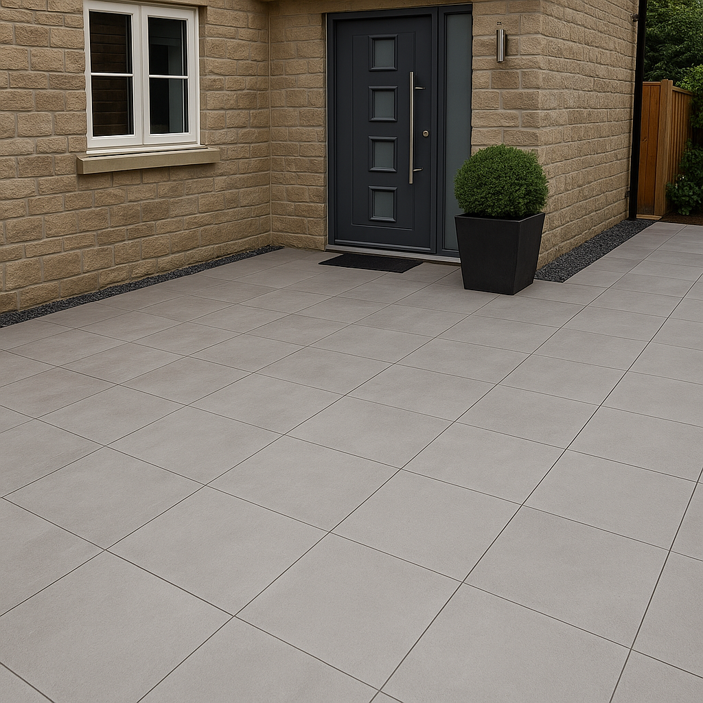 Porcelain patio with light slabs and seating area behind a house
