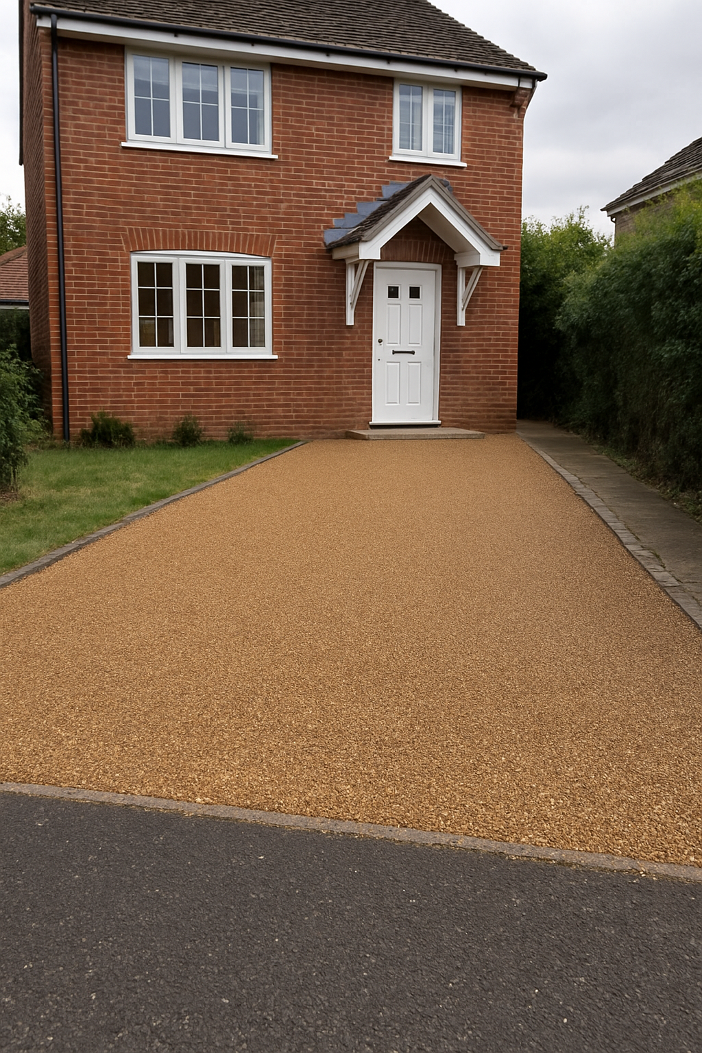 Tar and chip driveway with golden stone chippings outside a rural property