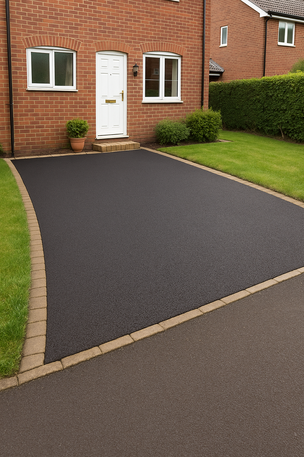 Fresh black tarmac driveway with neat kerbs in front of a family home