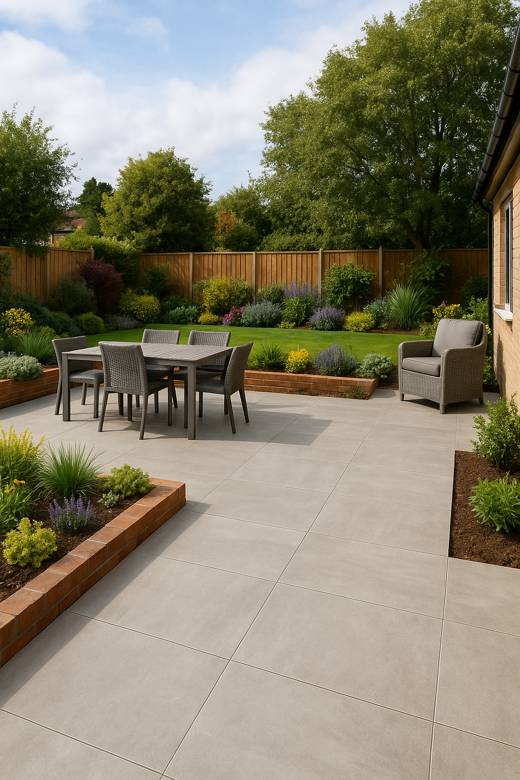 Porcelain patio with neat steps and modern garden furniture