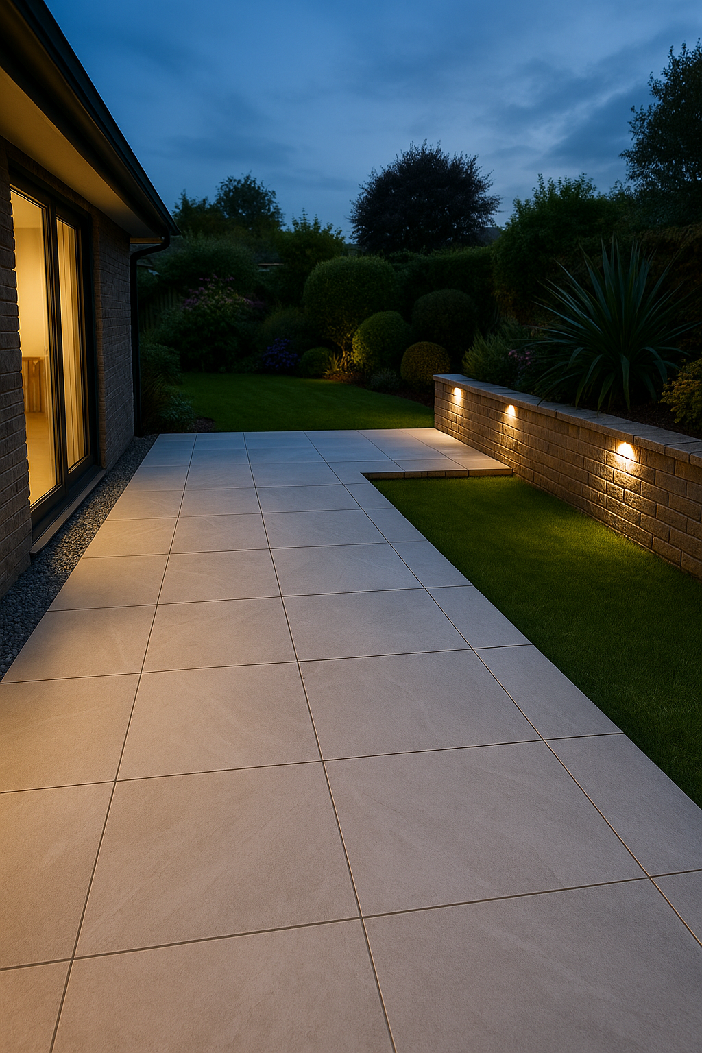 Porcelain patio with contrasting border and garden furniture