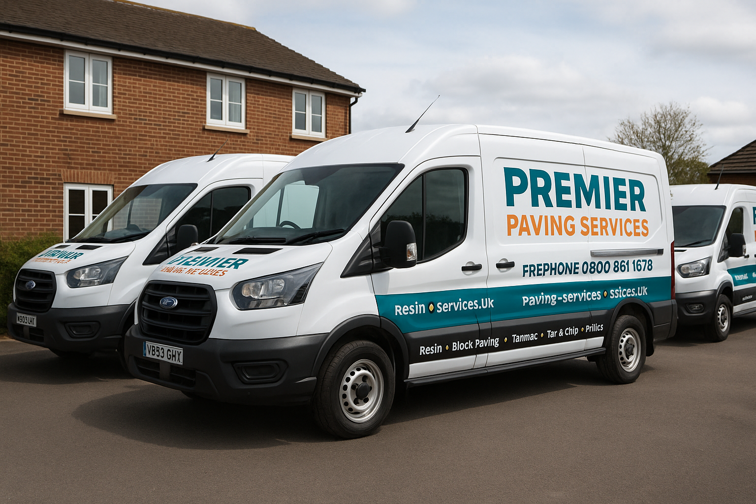 Premier Paving Services branded vans parked on a driveway