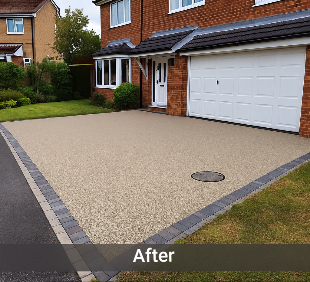 After – smooth resin bound driveway with charcoal block edge outside the same property
