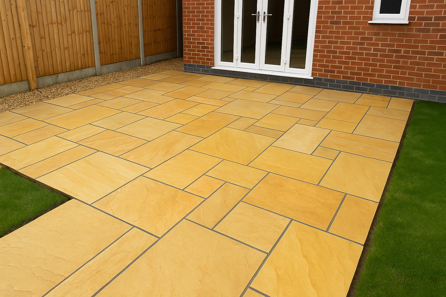 Sandstone patio with warm tones and curved edging
