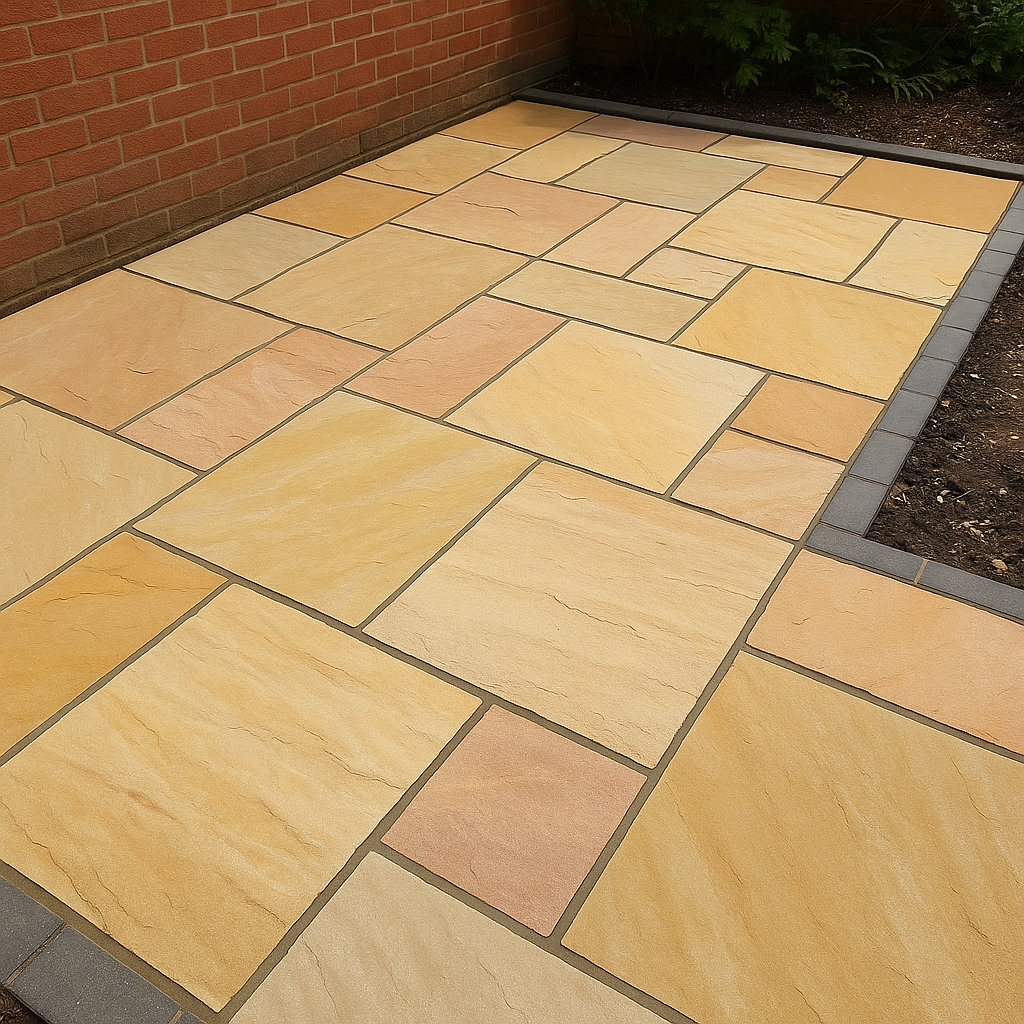 Sandstone path and patio area with garden planting