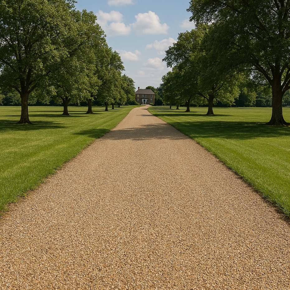 New tar and chip driveway with natural stone finish at a rural property